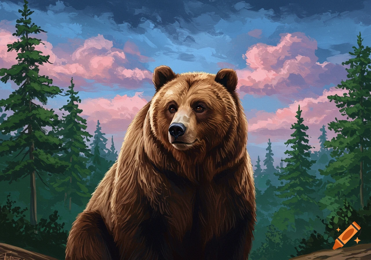 A painted portrait of a bear in a forest setting under a colorful sky.