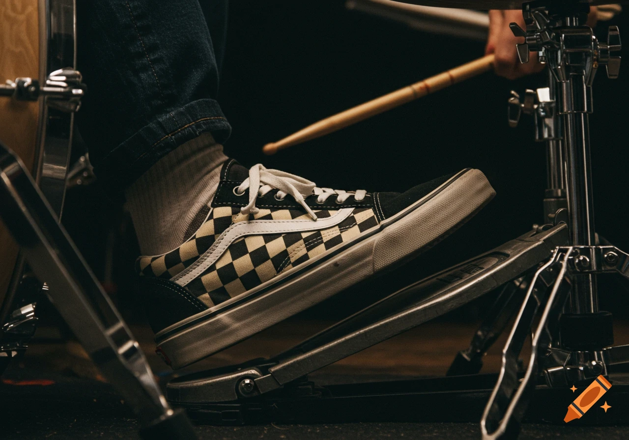 Closeup photorealistic image of a person wearing a checkered Vans shoe pressing down on a drum pedal.