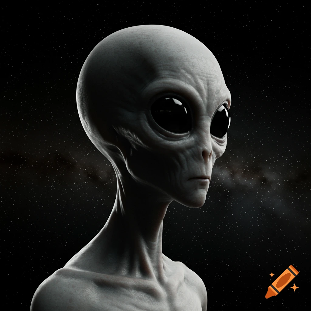 Close-up portrait of a grey alien with large black eyes against a starry space background.