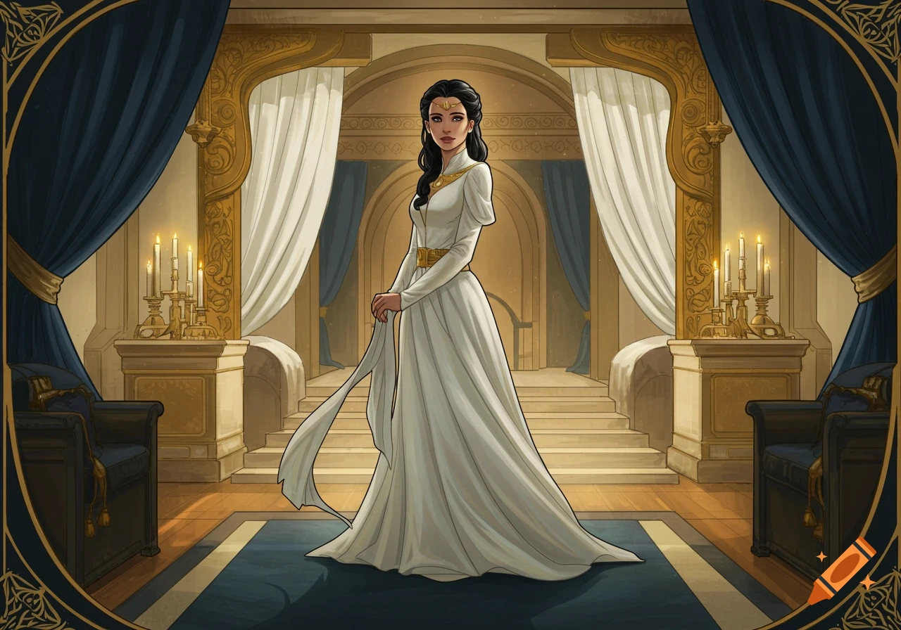 Illustrated portrait of a woman in a white dress standing in a detailed palace room.