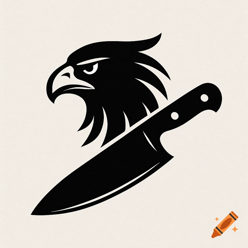 Black symbol of an eagle head with a chef knife.