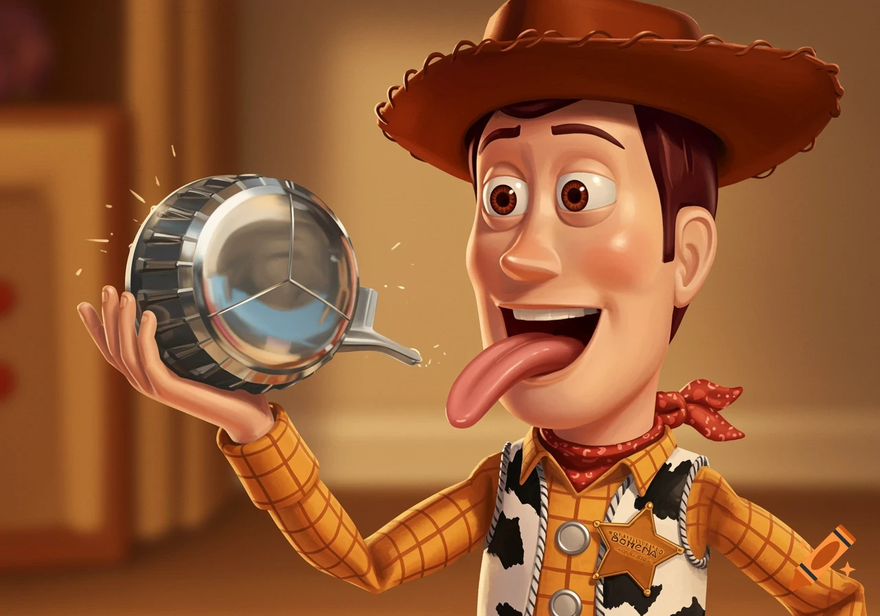 Woody from Toy Story licking a shiny metal ball in 3D animation style