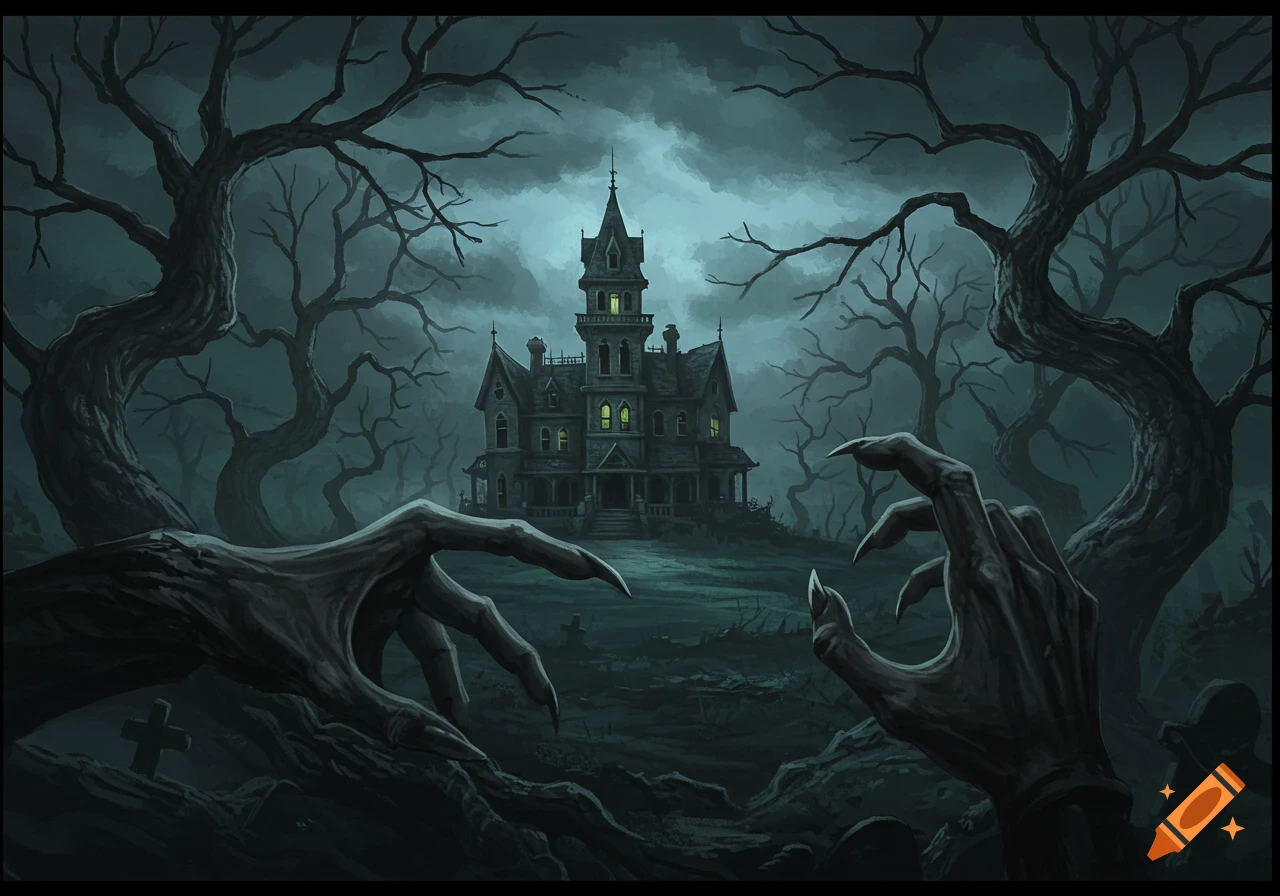 Illustrative view of a haunted mansion on a hill, framed by spooky bare trees and monstrous hands in the foreground.