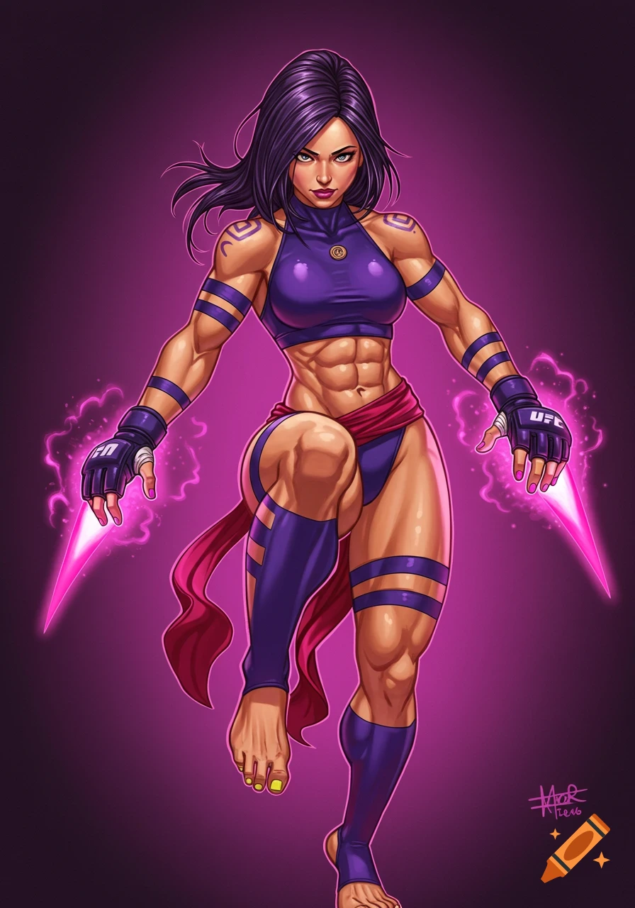 Muscular female comic character in purple fighting gear, holding glowing energy blades, standing against a purple background.