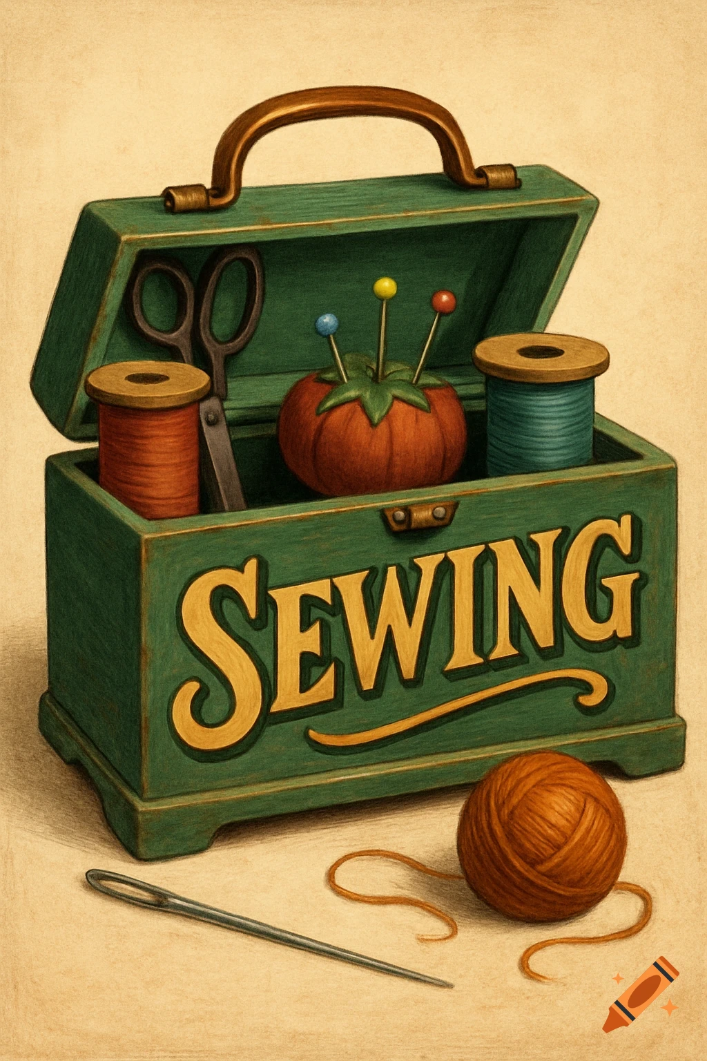 An illustration of a vintage green sewing box with the word 'SEWING' on it, containing thread spools, scissors, and a pin cushion, with a ball of yarn and a needle in front.