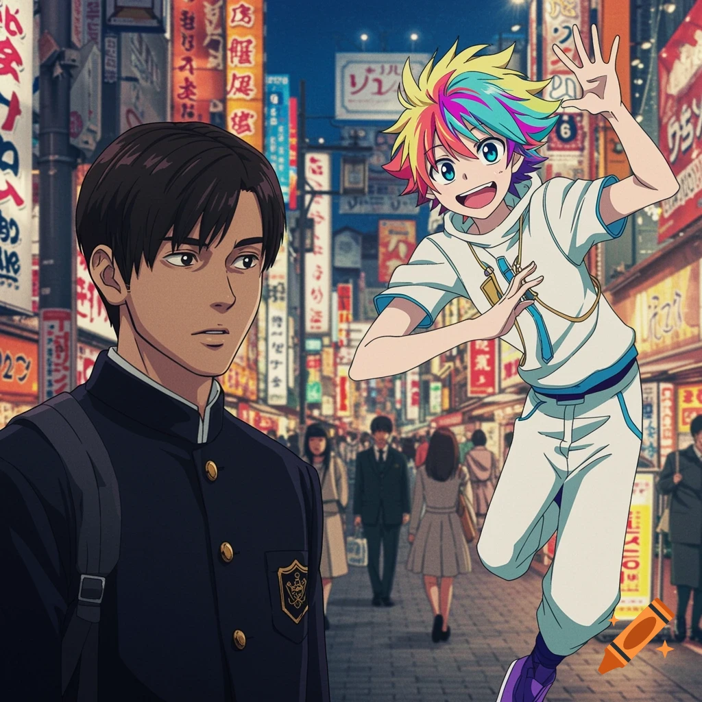 Two anime boys, one in a school uniform, the other with colorful hair, on a busy Japanese street at night.