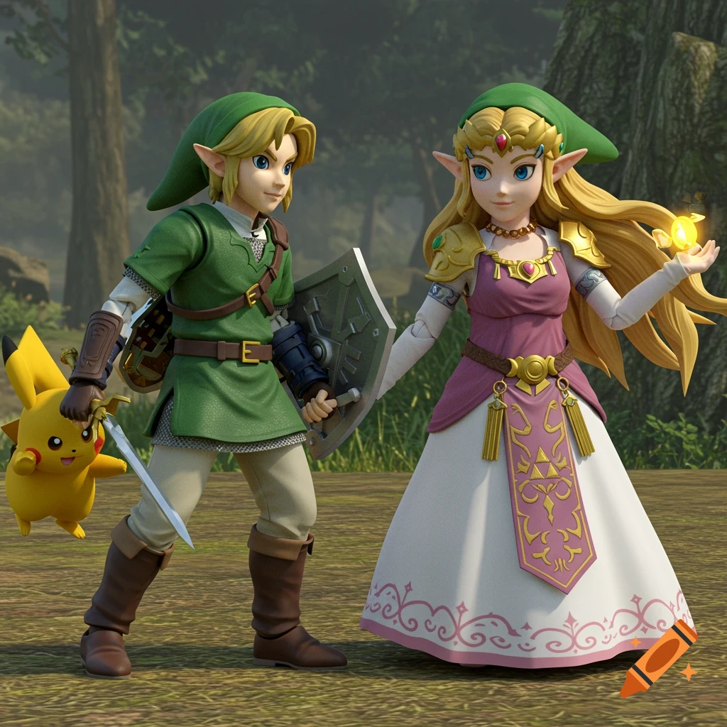 Action figures of Link, Zelda, and Pikachu standing in a forest.