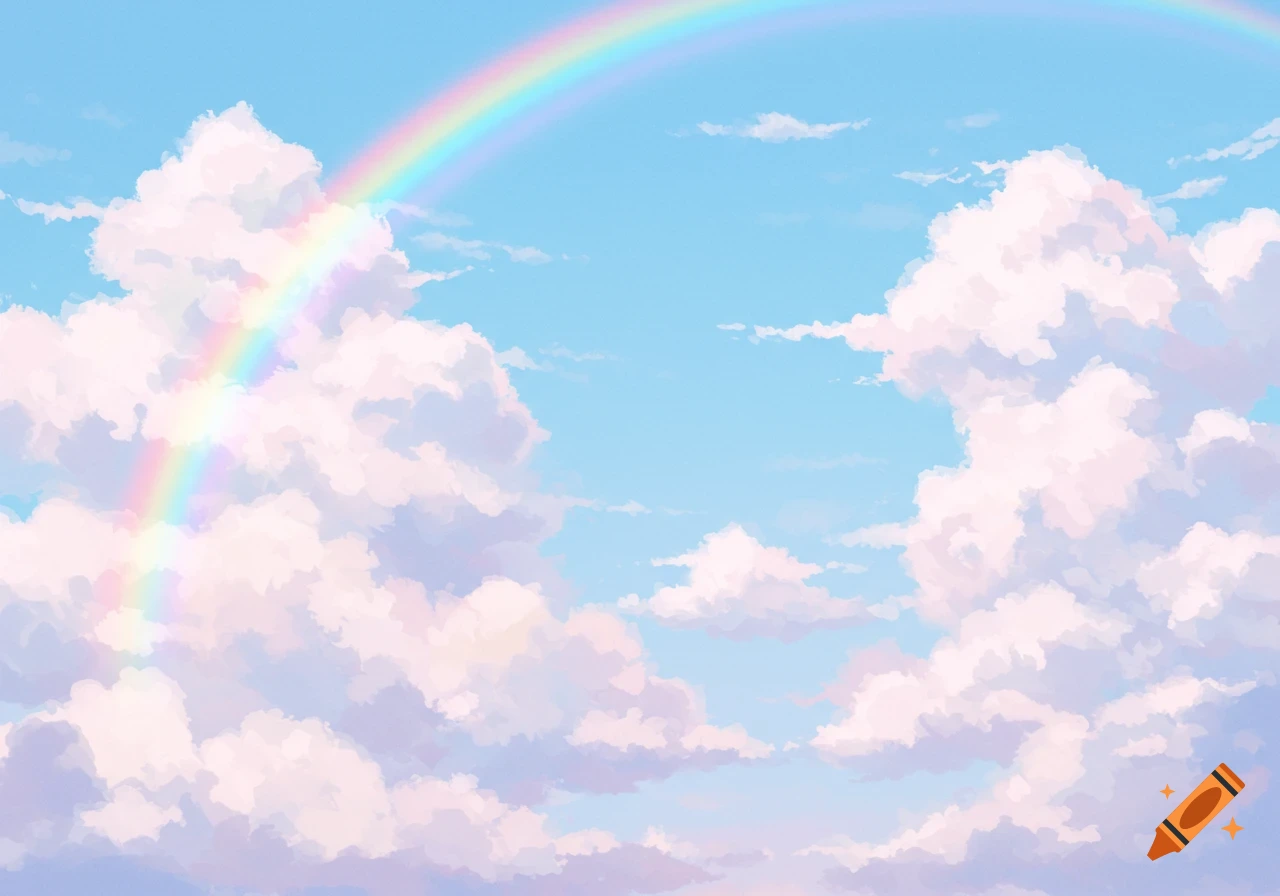 Light blue sky with fluffy white and pink clouds and a rainbow.