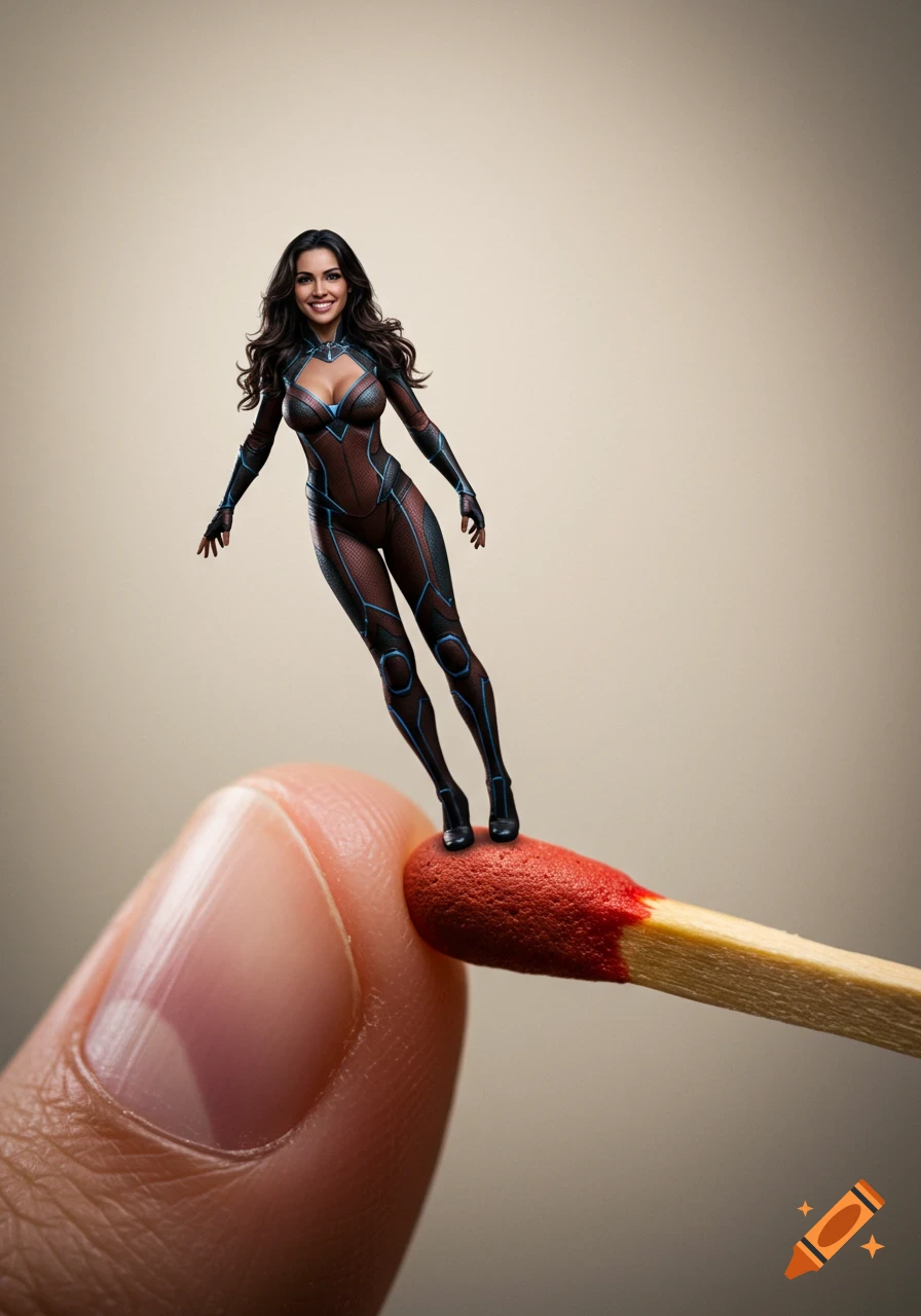 A tiny superheroine stands on the tip of a matchstick held by a giant finger.