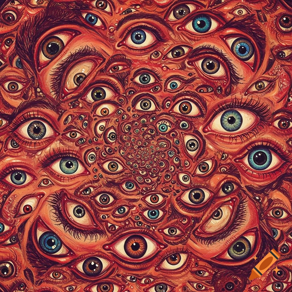 Abstract close-up of a swirling pattern of many human eyes.