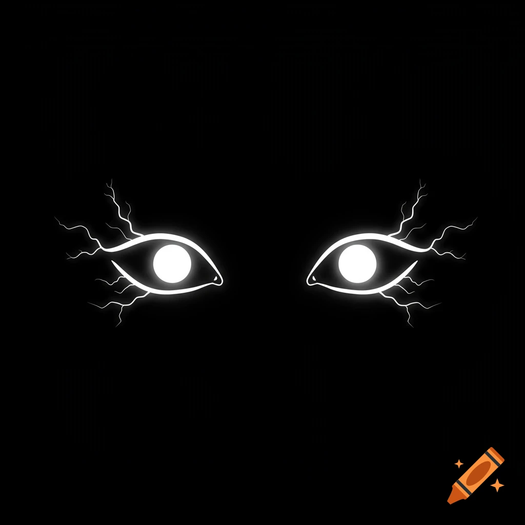 White glowing eyes with lightning on a black background.