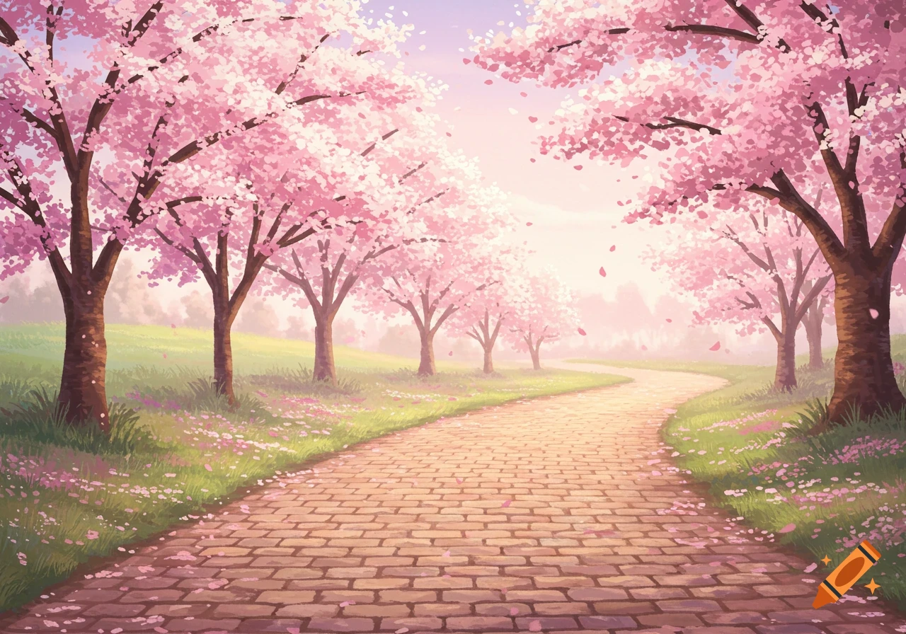 A winding cobblestone path leads through a park lined with blooming cherry blossom trees.