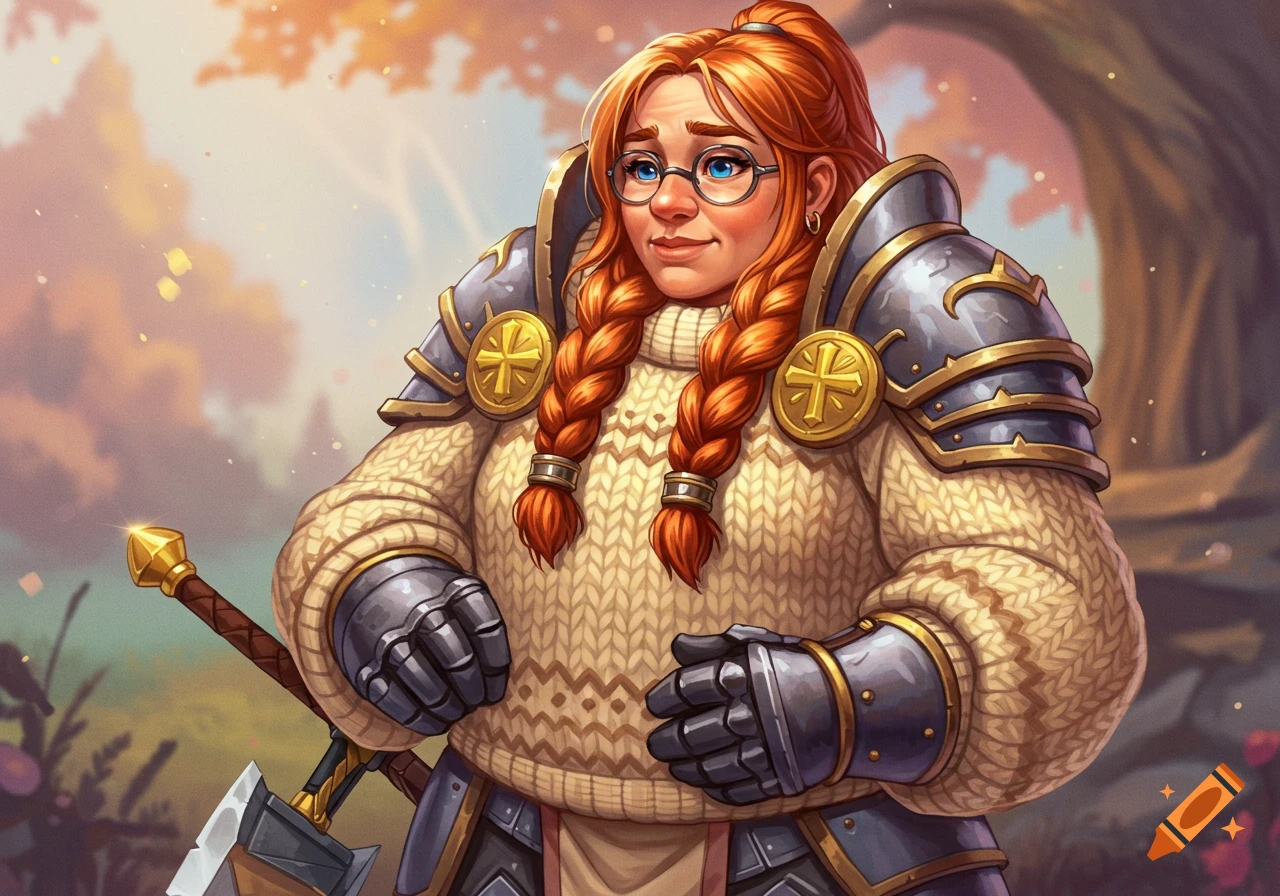Fantasy artwork of a female dwarf paladin wearing armor over a knitted sweater, holding a hammer.