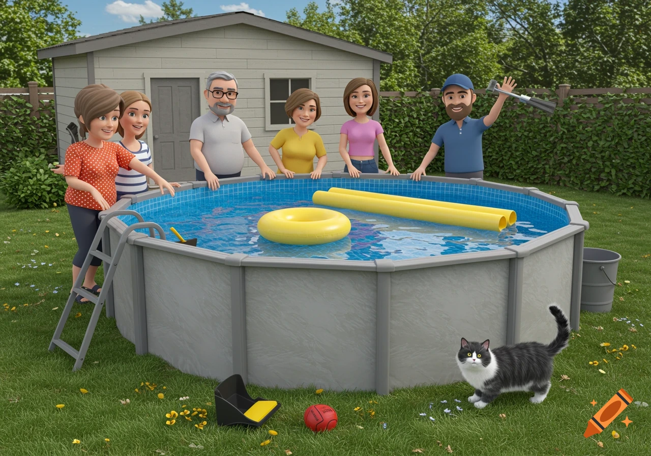 A 3D rendering of a family and a cat standing around an above-ground pool in a backyard.