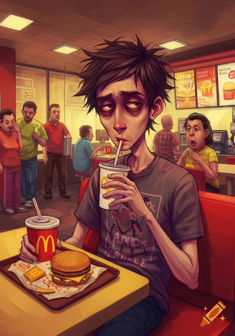 Illustration of a tired person eating a burger and drink in a fast food restaurant.