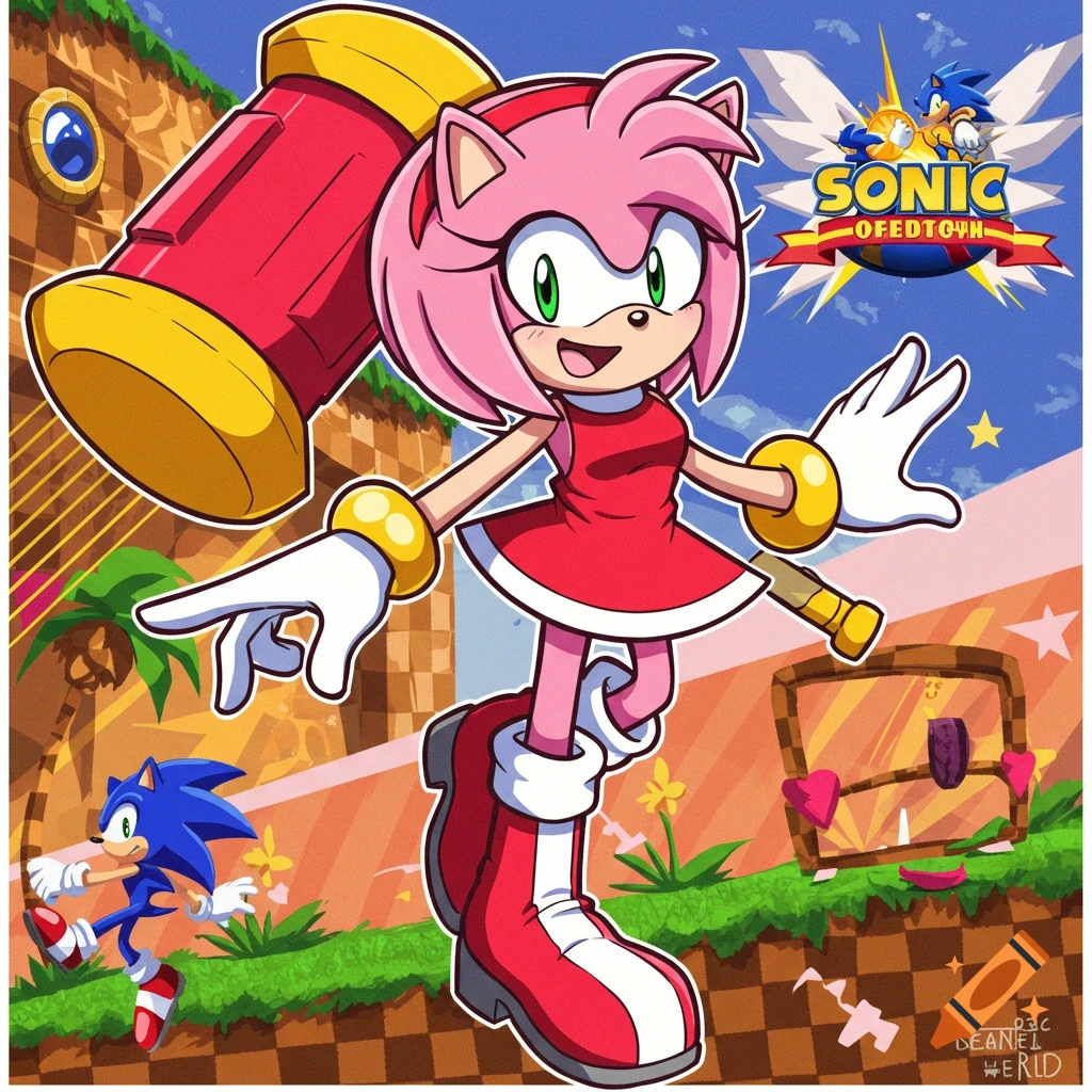 Amy Rose holds a hammer, Sonic runs in Green Hill Zone. Cartoon/anime style.