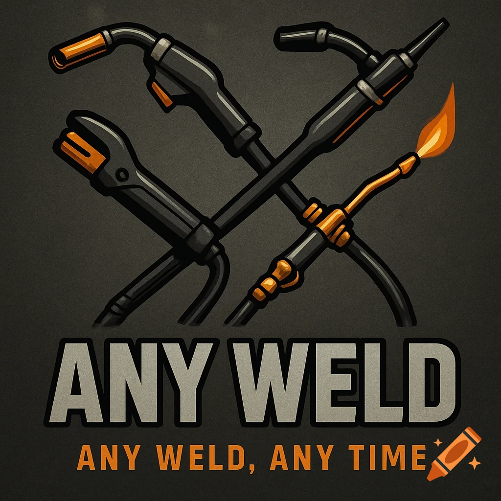 Stylized illustration of welding tools arranged in an X shape with the text Any Weld, Any Time.