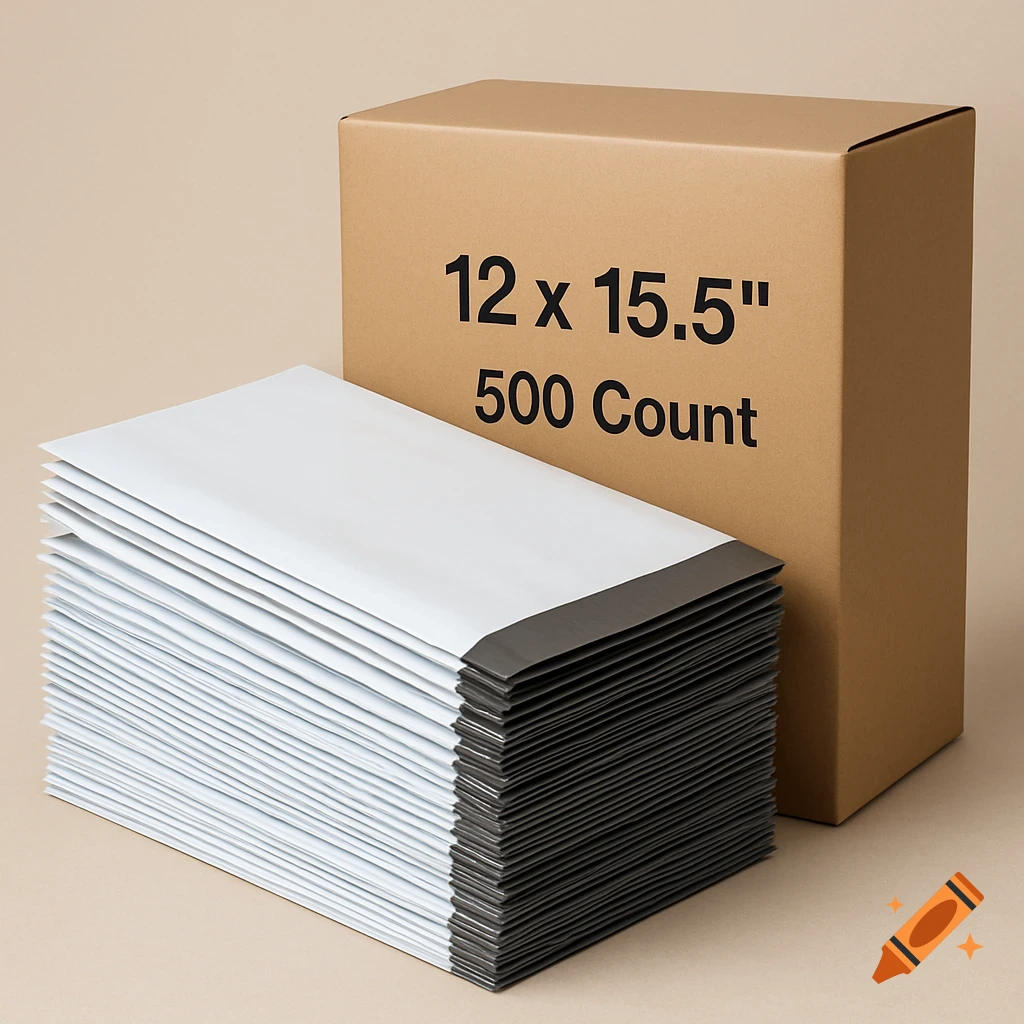 Stack of white poly mailers next to a brown box with '12 x 15.5" 500 Count' printed on it. Photorealistic.