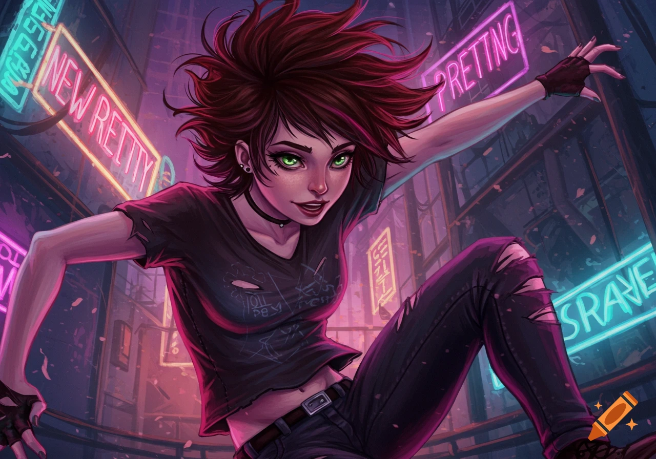 Illustration of a punk character with red hair and green eyes in an urban setting with neon signs