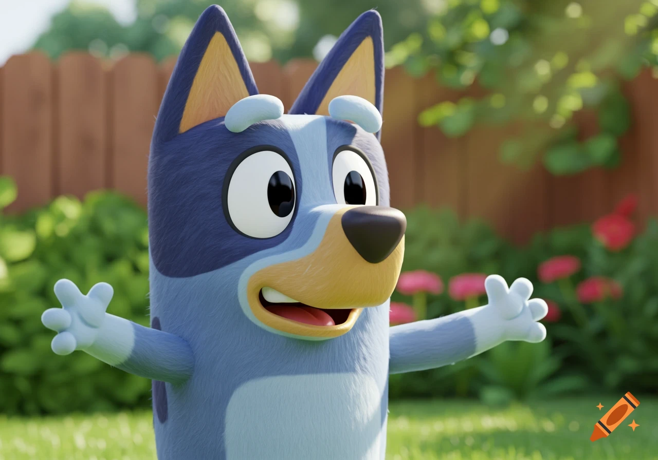 A 3D rendered image of Bluey the cartoon dog in a backyard, arms outstretched.