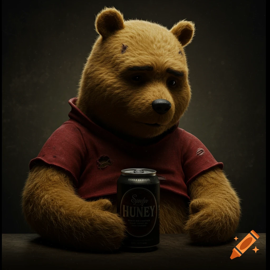 Stylized sad bear wearing red shirt holds a soda can.