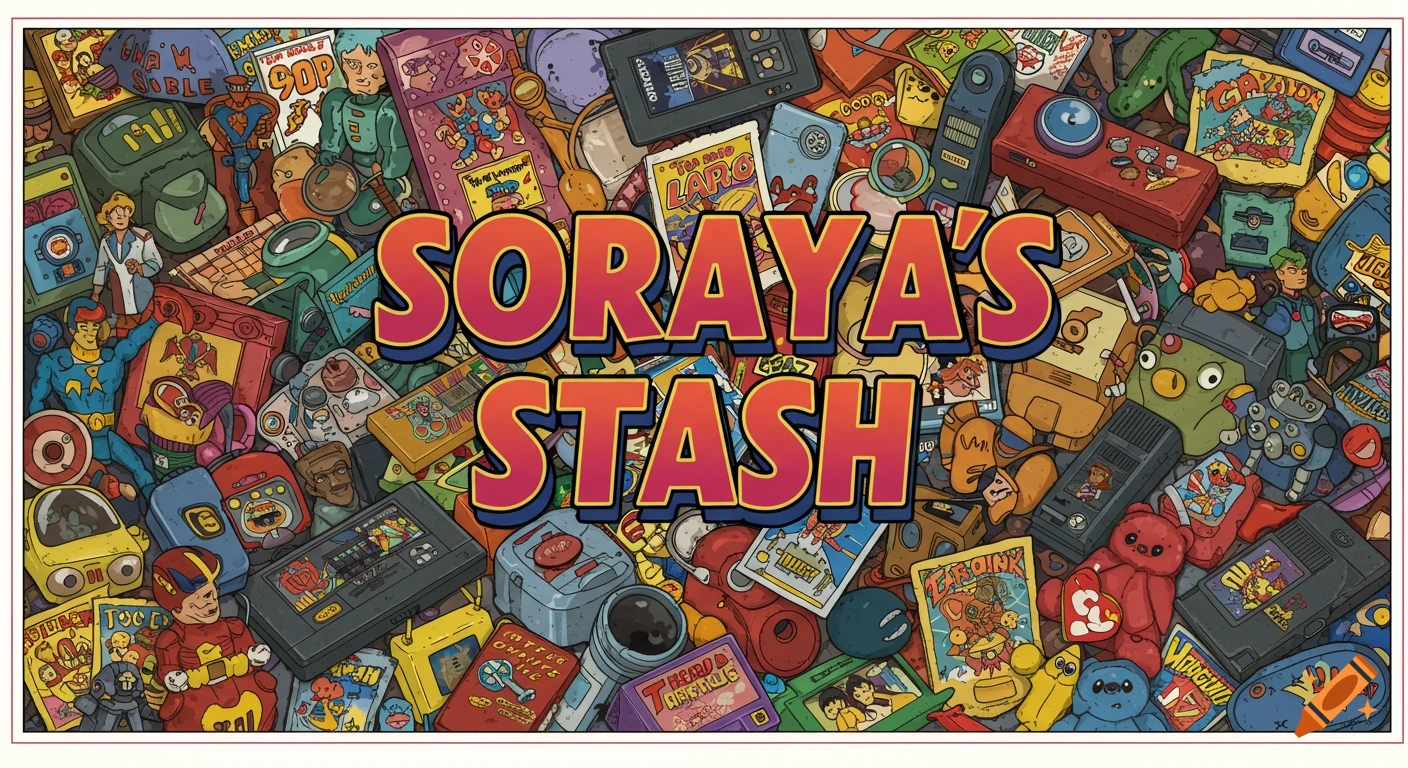 An illustration of a pile of vintage 90s toys and collectibles with the text "SORAYAS STASH" in the center.