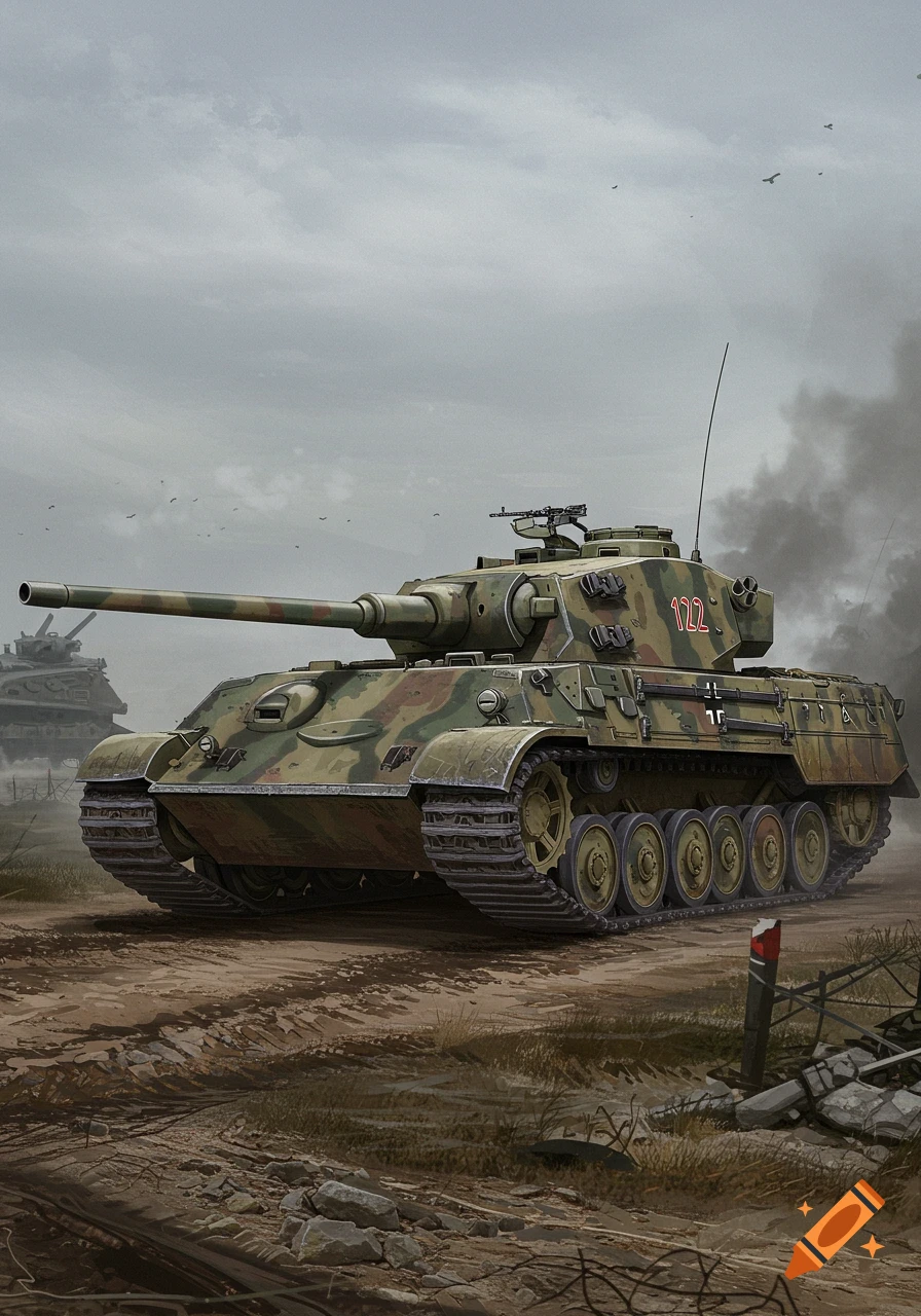 Camouflaged tank on a dirt road with another tank in the smoky background
