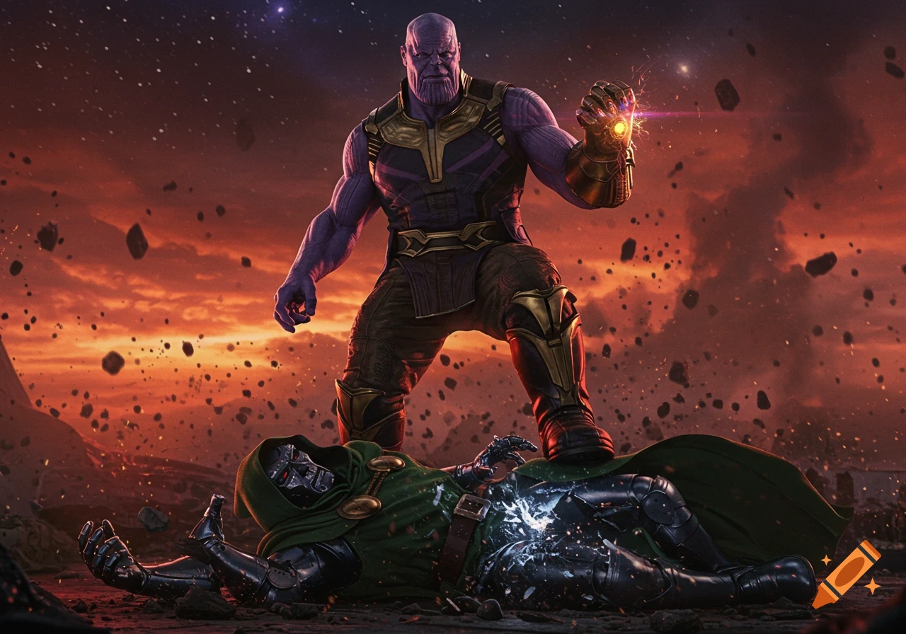 Thanos stands over a defeated Doctor Doom, Infinity Gauntlet glowing, in an apocalyptic setting.