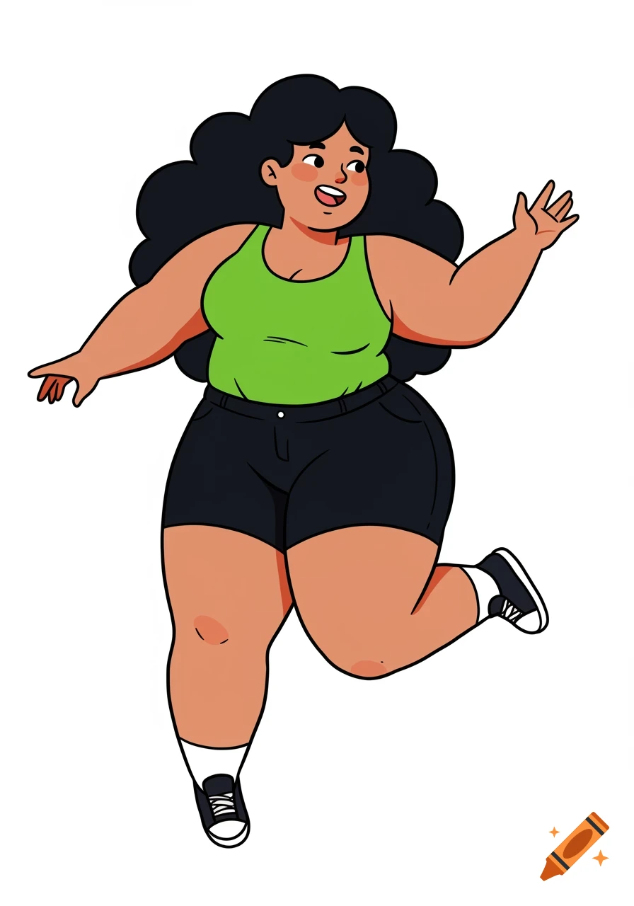 A cartoon drawing of a curvy woman in a green tank top and black shorts jumping.