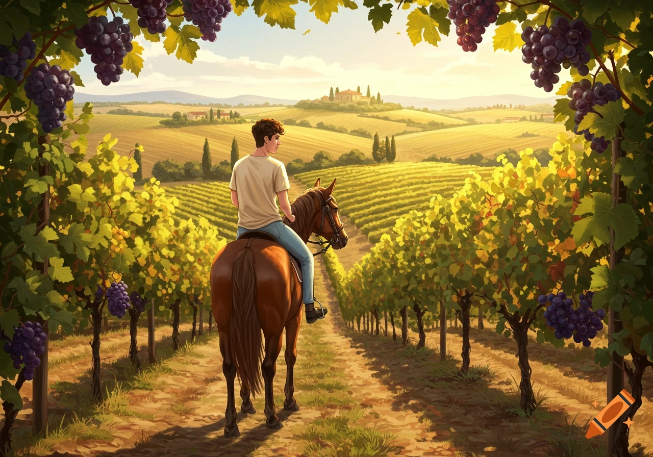 A person rides a horse through a sunny vineyard landscape.