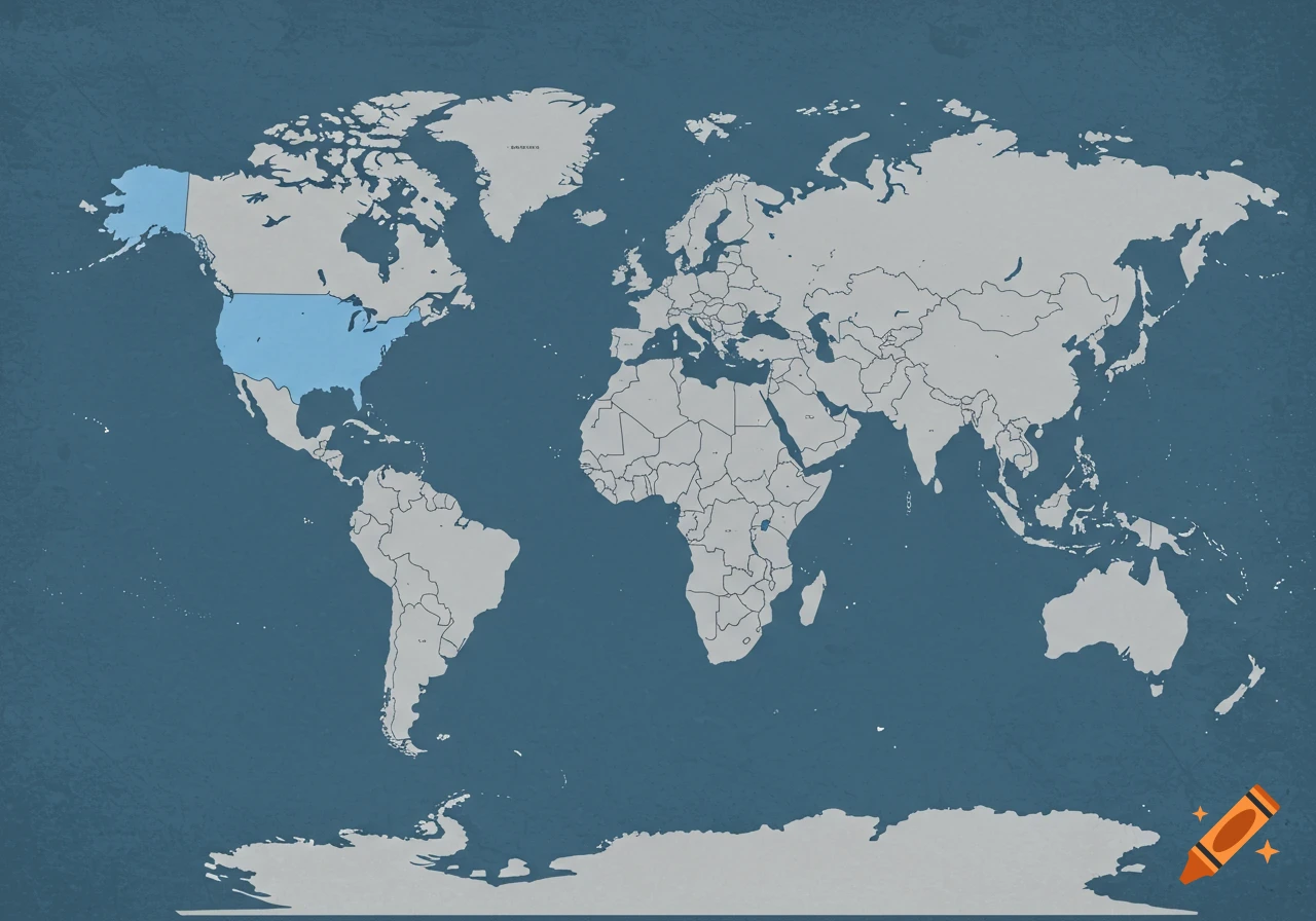 A world map with most countries in grey and the USA and Canada highlighted in light blue.