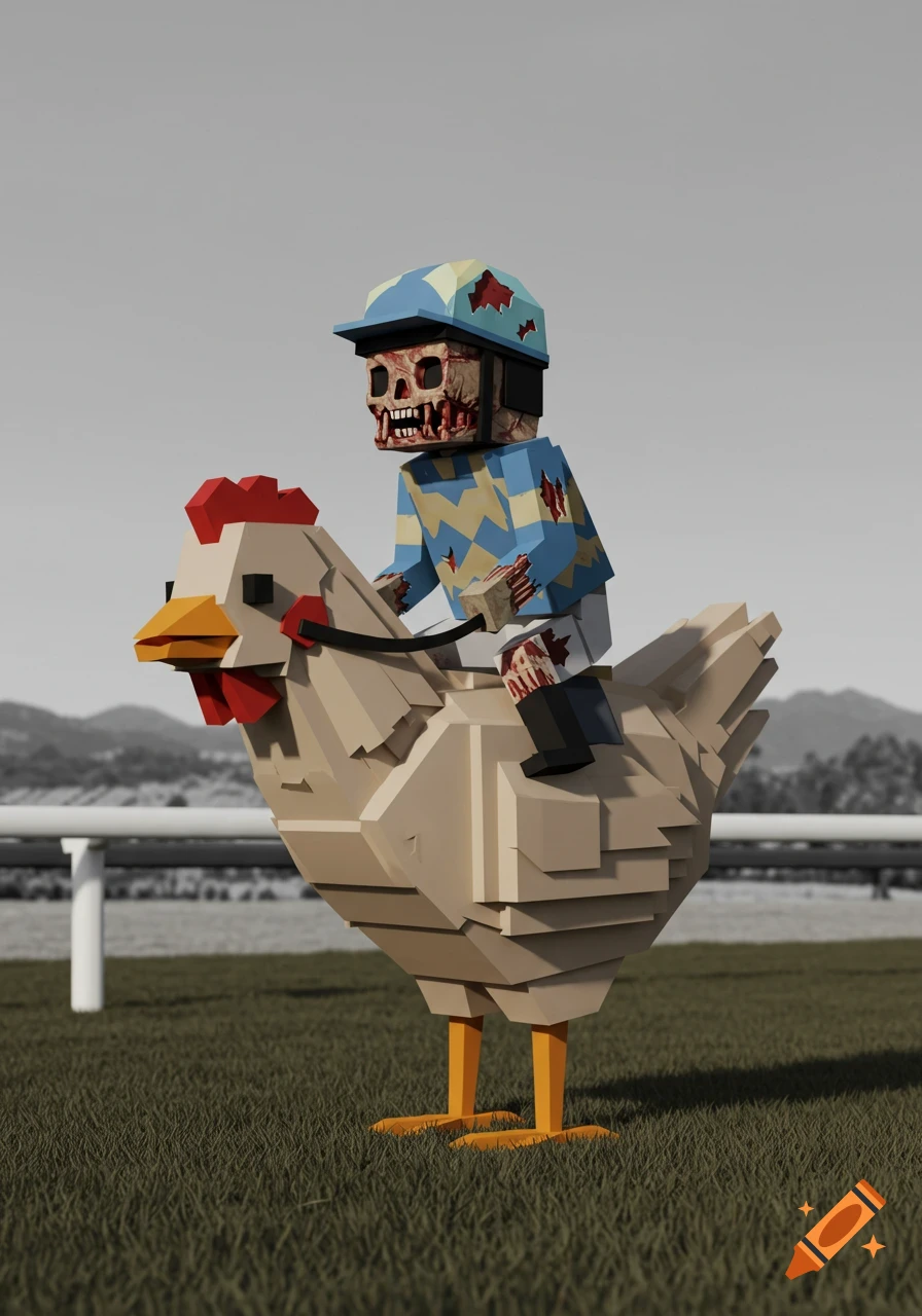 Cubic zombie jockey rides a cubic chicken on a race track in voxel style.