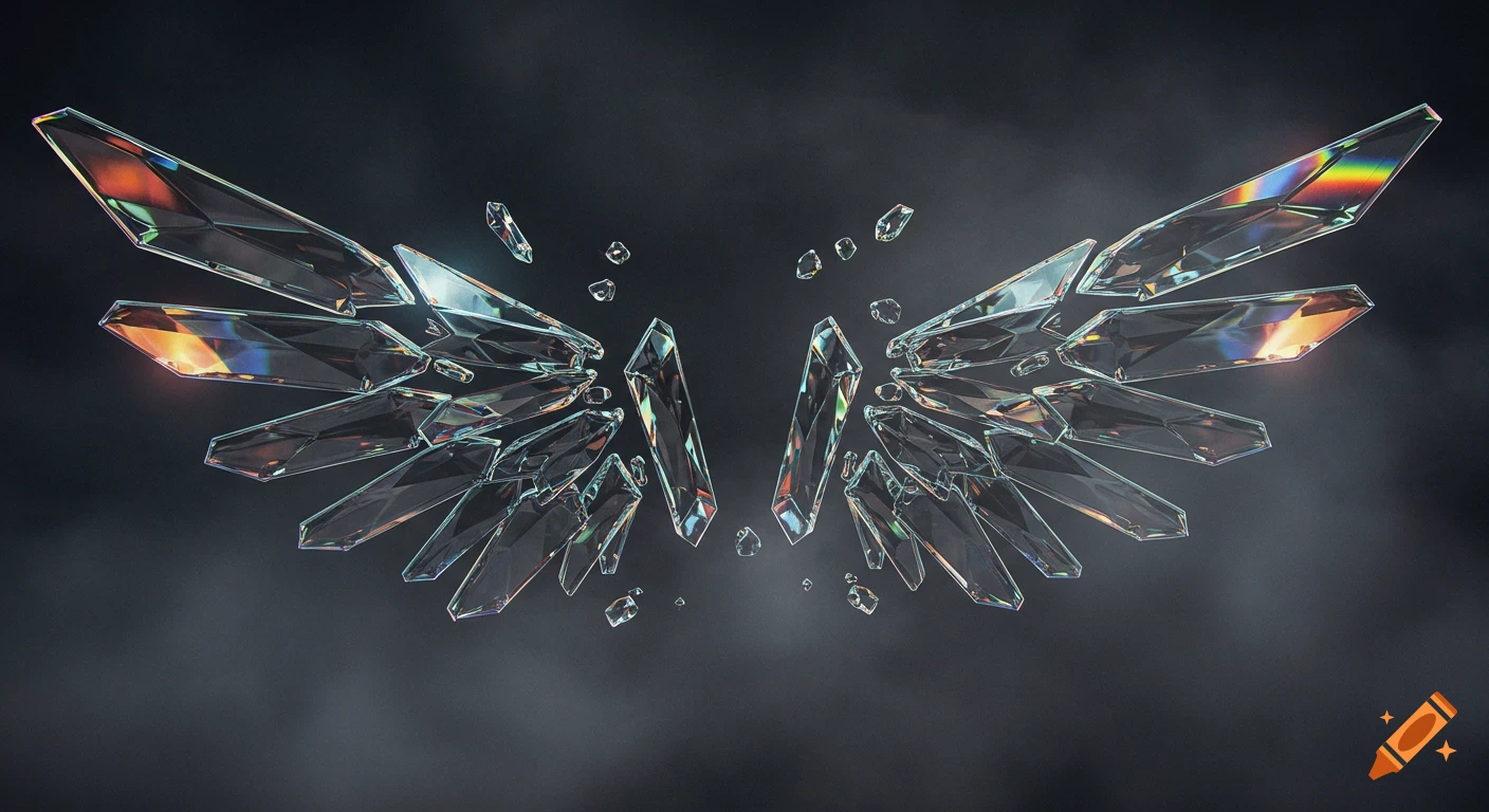 Abstract wings made of fragmented glass prisms refracting light on a dark background.
