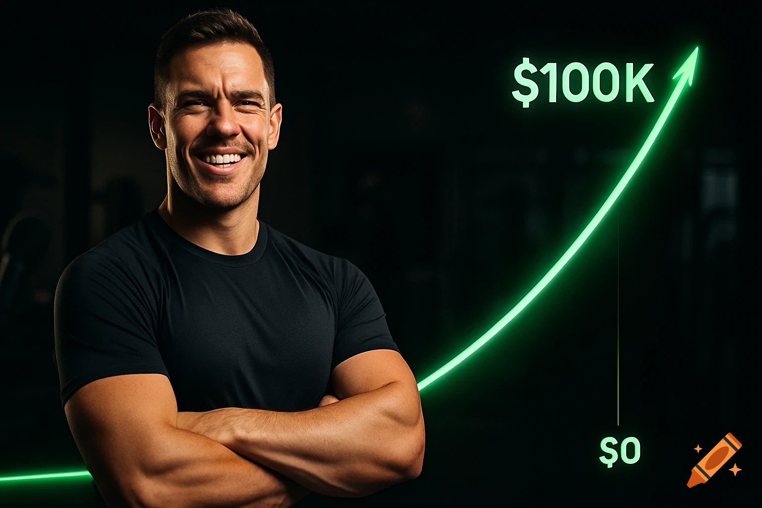 Man smiles next to a glowing green graph rising from $0 to $100K. on ...