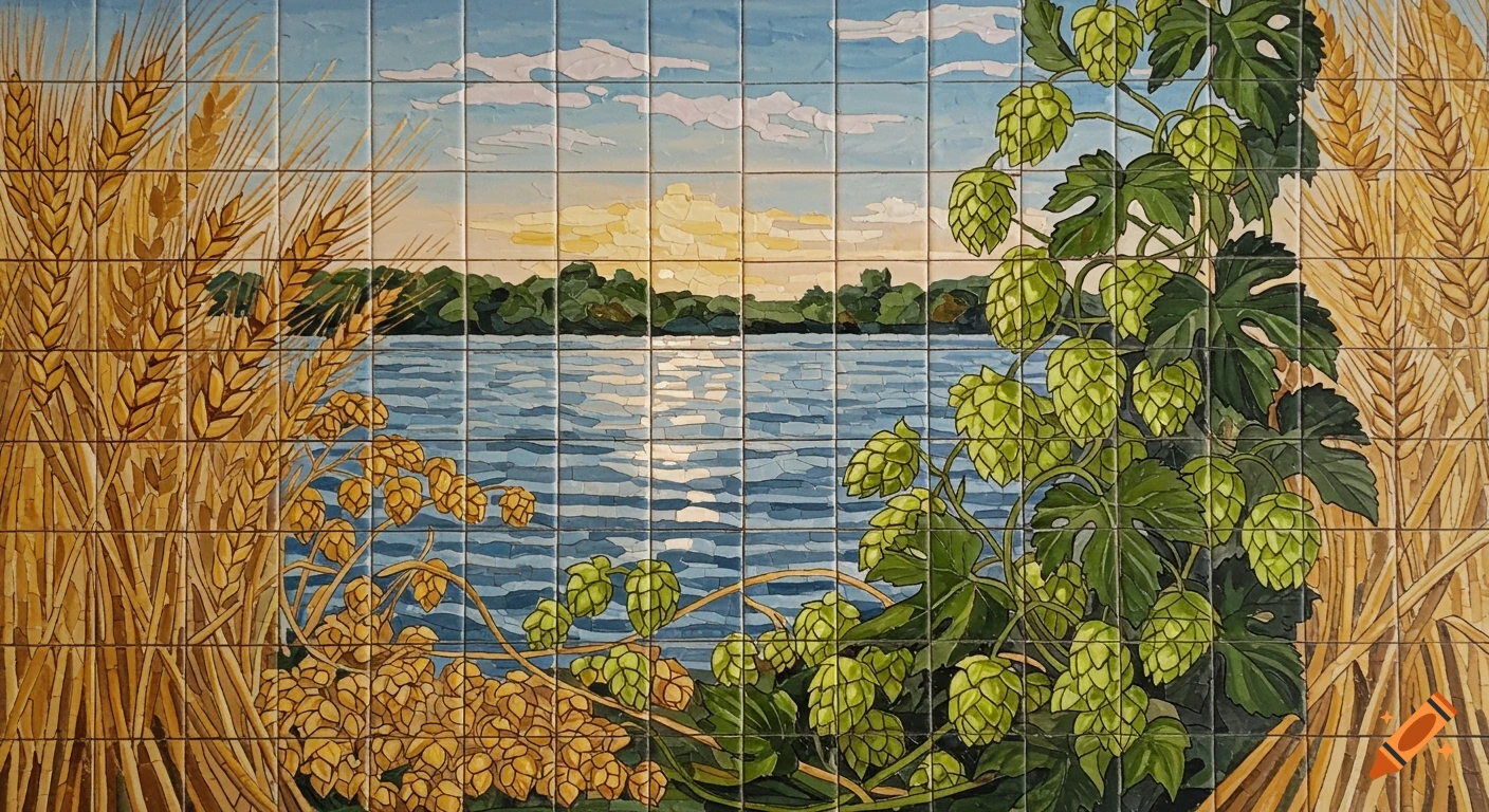 Tile mosaic of wheat stalks, hops vines, and a lake landscape