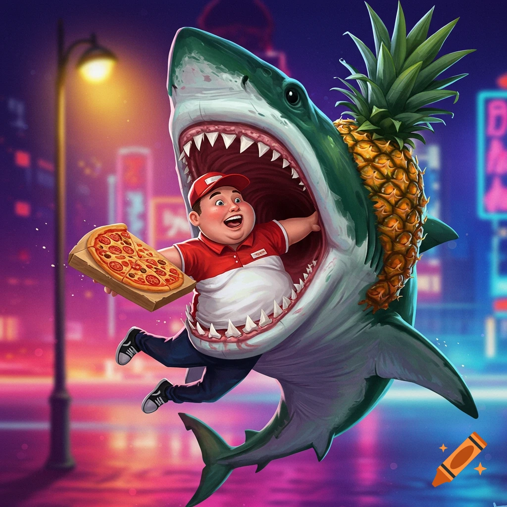 Cartoon pizza delivery guy inside a shark with a pineapple on its back, holding a pizza.