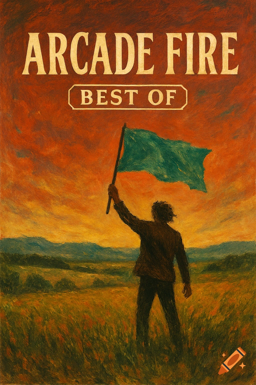 Painting of a figure holding a flag in a field at sunset, with text "ARCADE FIRE BEST OF".