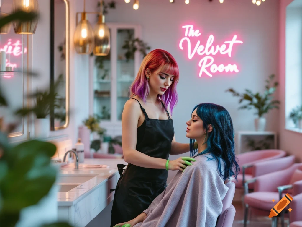 A hairstylist with colorful hair works on a client's blue hair in a modern salon with a 'The Velvet Room' neon sign.