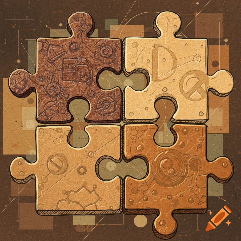 Illustration of a four-piece puzzle with textured pieces and abstract lines and shapes.