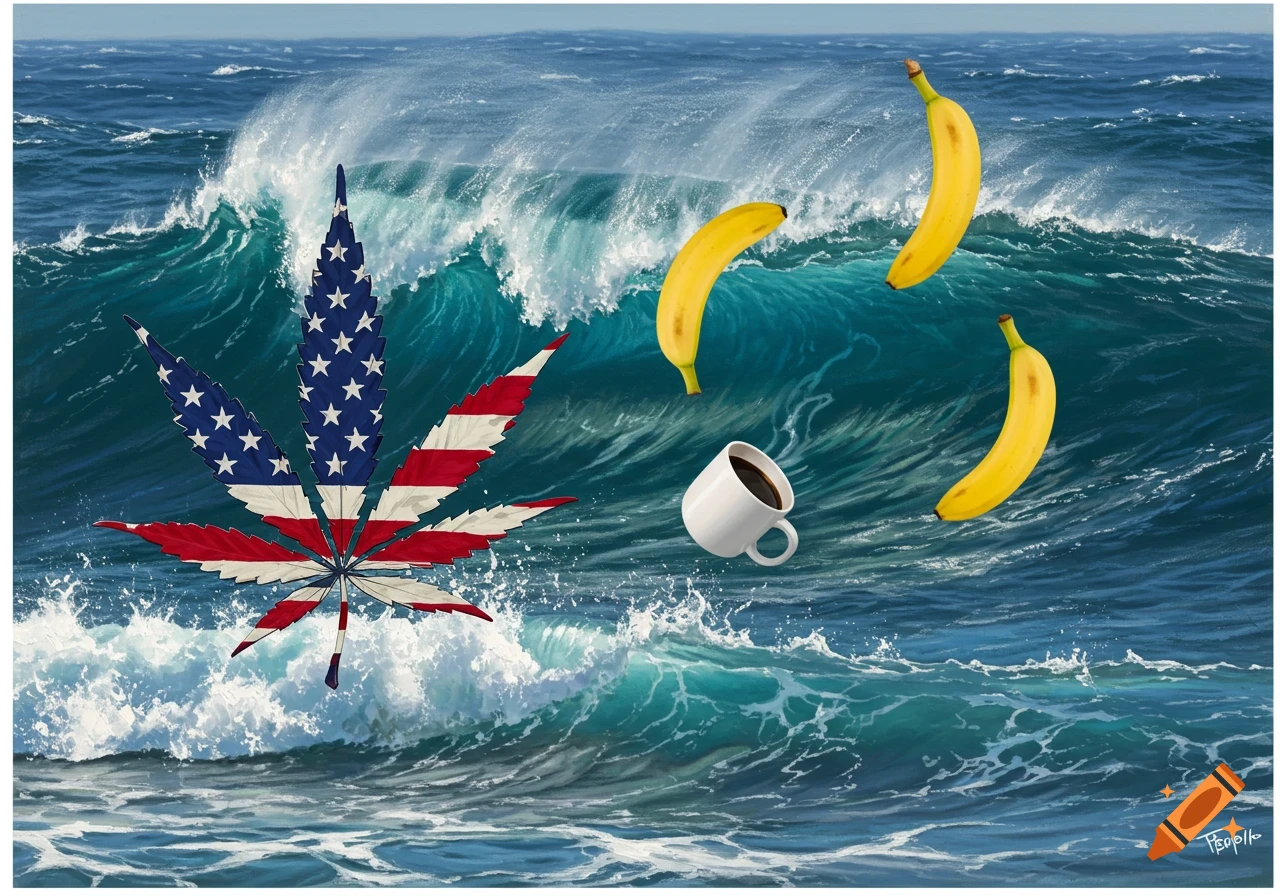 American flag cannabis leaf, bananas, and a coffee cup float in ocean waves.