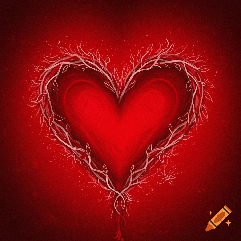 Red heart surrounded by white branches on a dark red background, digital painting style