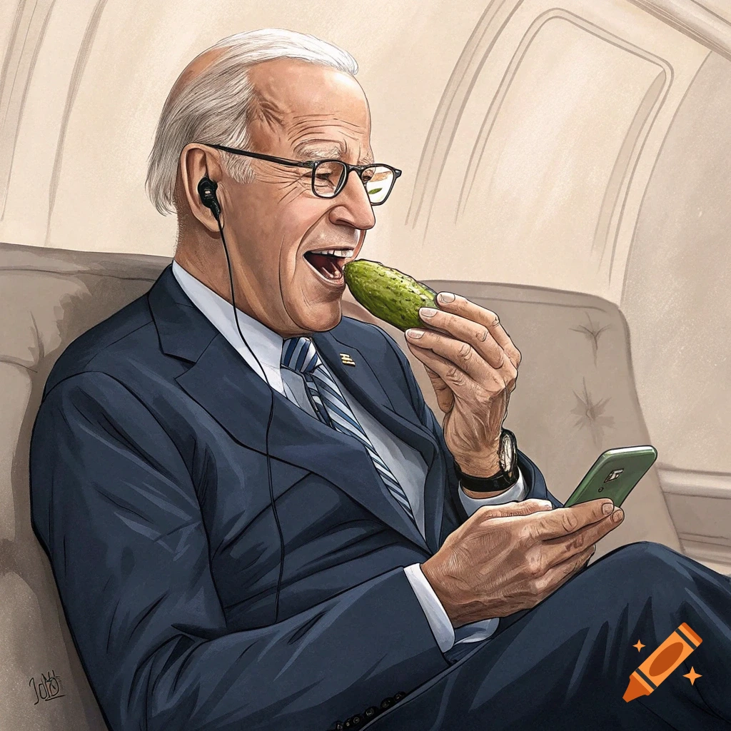 Illustration of Joe Biden eating a pickle on a plane while looking at his phone.