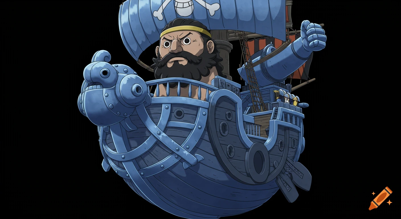 Anime style blue metal pirate ship with a bearded figurehead and character at the helm.