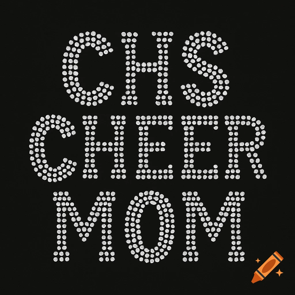 Text 'CHS Cheer Mom' in a white rhinestone pattern on black background.