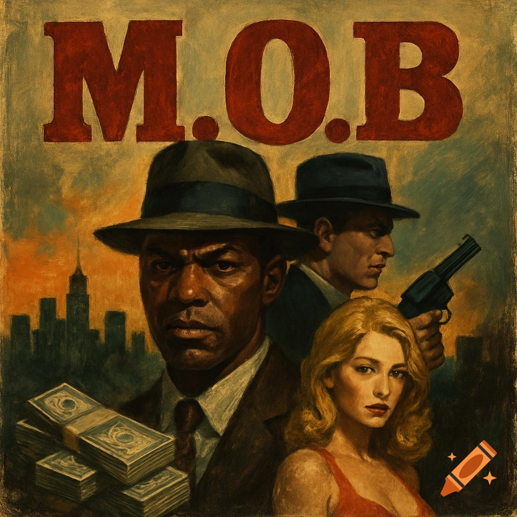 Vintage-style painting of three people in front of a city skyline with money and a gun, with red text M.O.B
