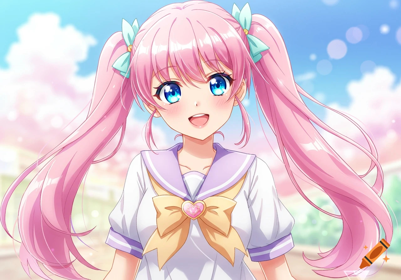 Anime girl with pink hair in pigtails, blue eyes, and school uniform smiling outdoors.