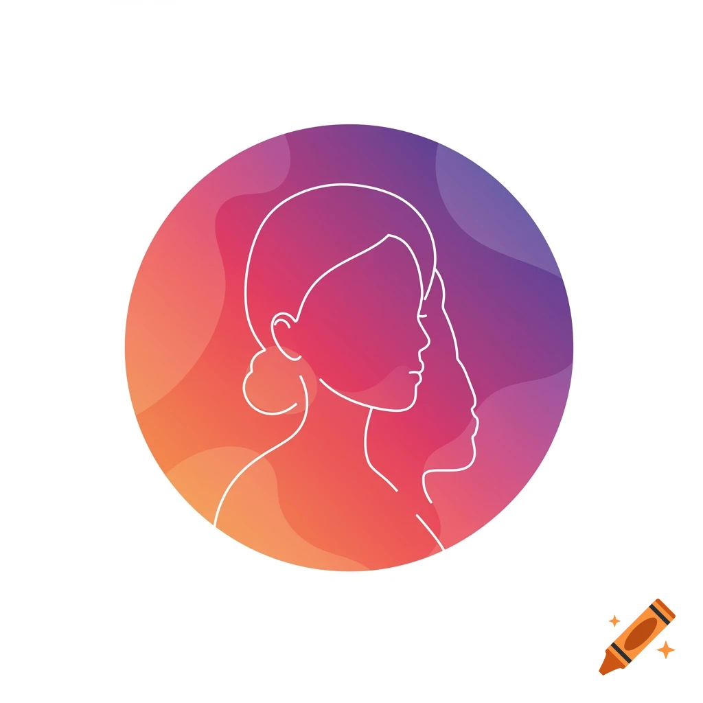 Minimalist line art icon of two profile faces on purple and orange gradient circle.