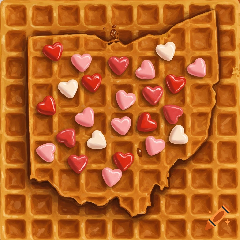 Waffle shaped like Ohio topped with heart candies on a waffle background