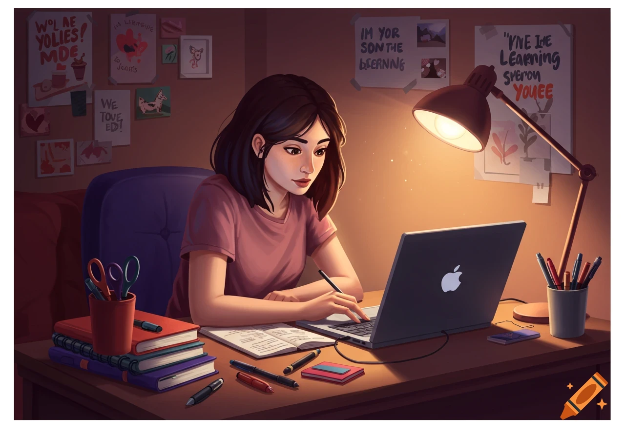 Illustration of a young woman studying at a desk with a laptop and books under a lamp.