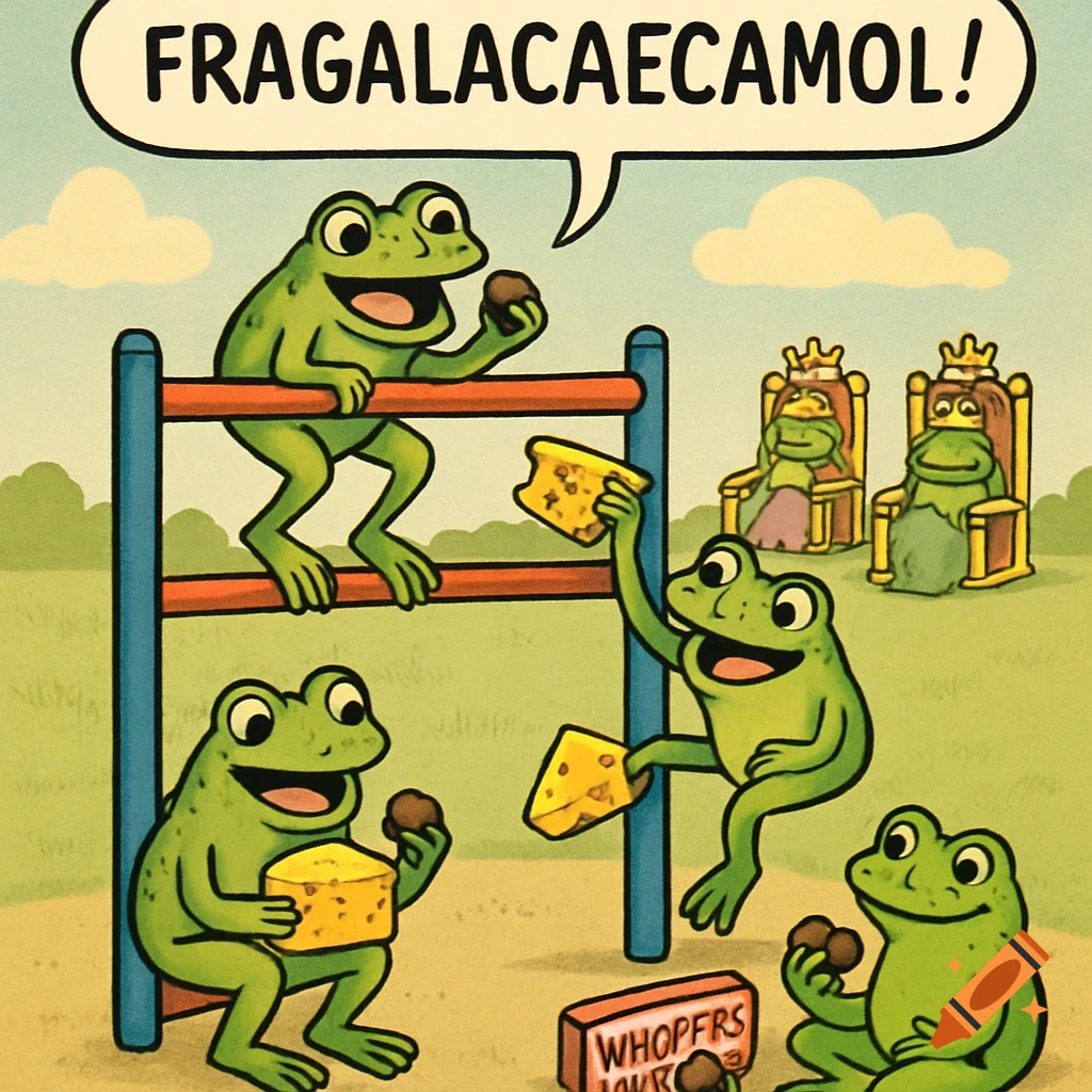 Cartoon frogs play on bars, eating cheese and candy, while two frog queens watch from thrones.